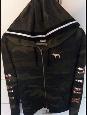 VICTORIA'S SECRET PINK CAMOUFLAGE CAMO ROSE GOLD BLING FULL ZIP HOODIE SIZE M